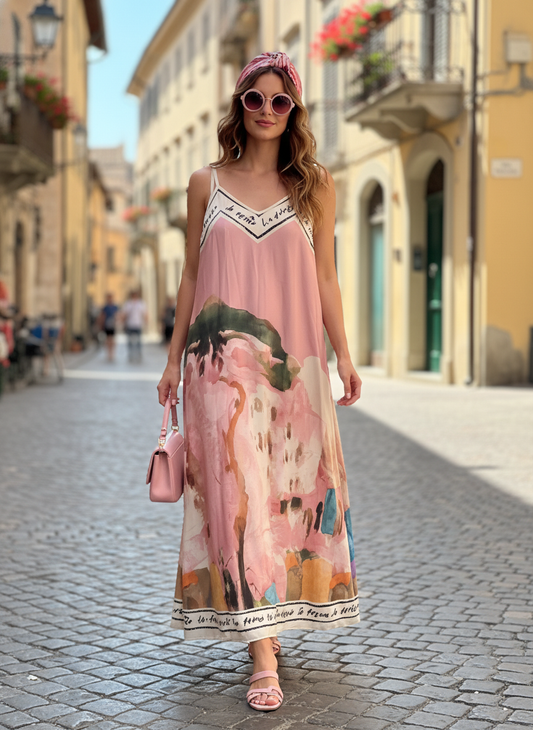 Italian Maxi Dress - BARBIE PINK – Watercolour print, Made in Italy, Polyester: One size