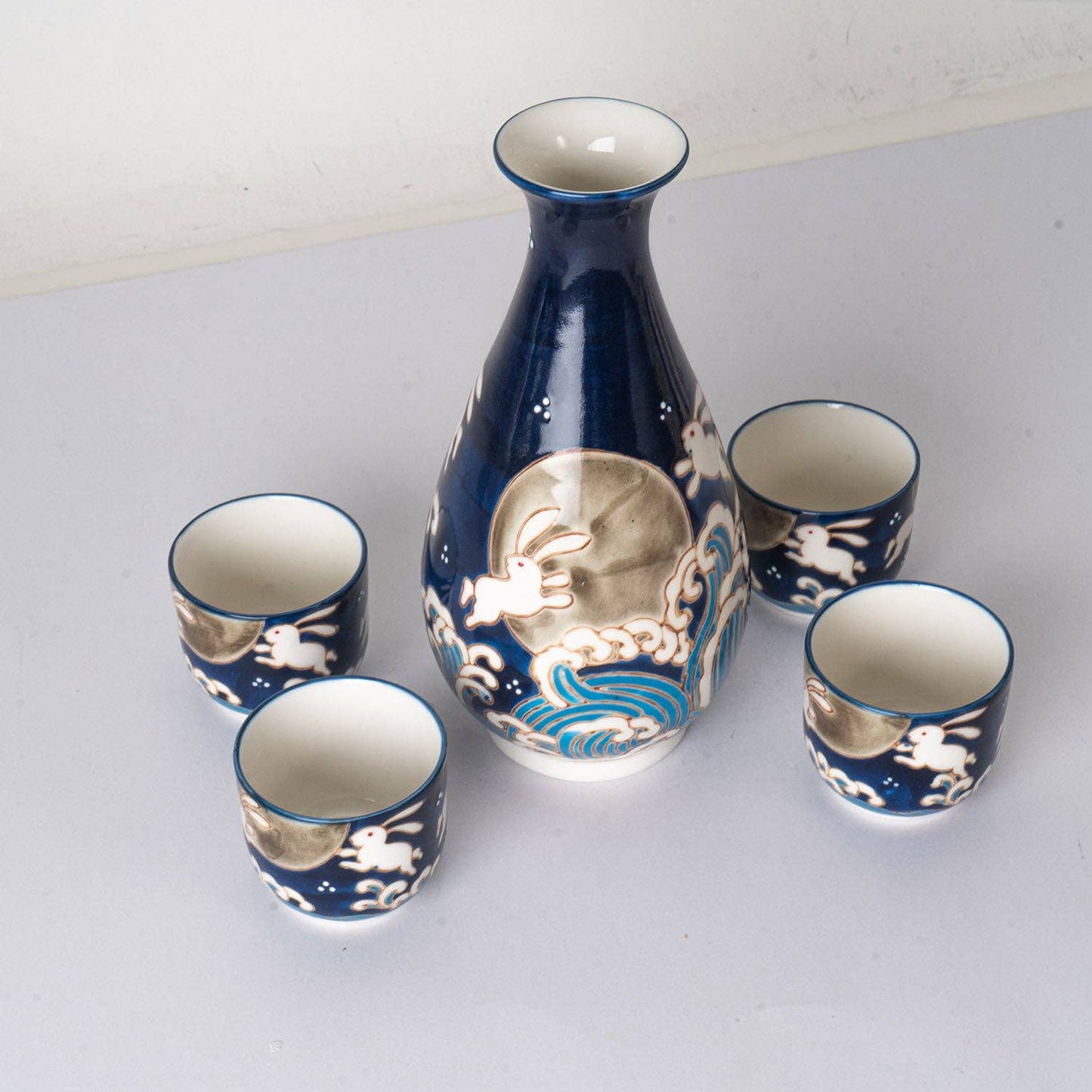 Moon Rabbit Porcelain Glazed 10 oz Sake Bottle and 4 Cups Gift Set