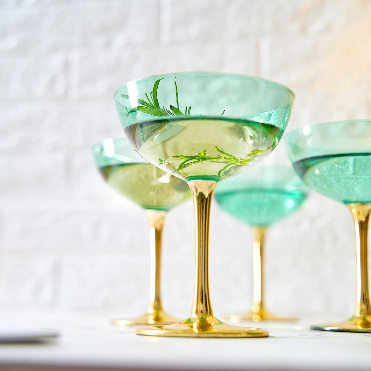 Gold & Green Coupe Art Deco Glasses, Gold | Set of 4 | 12 oz