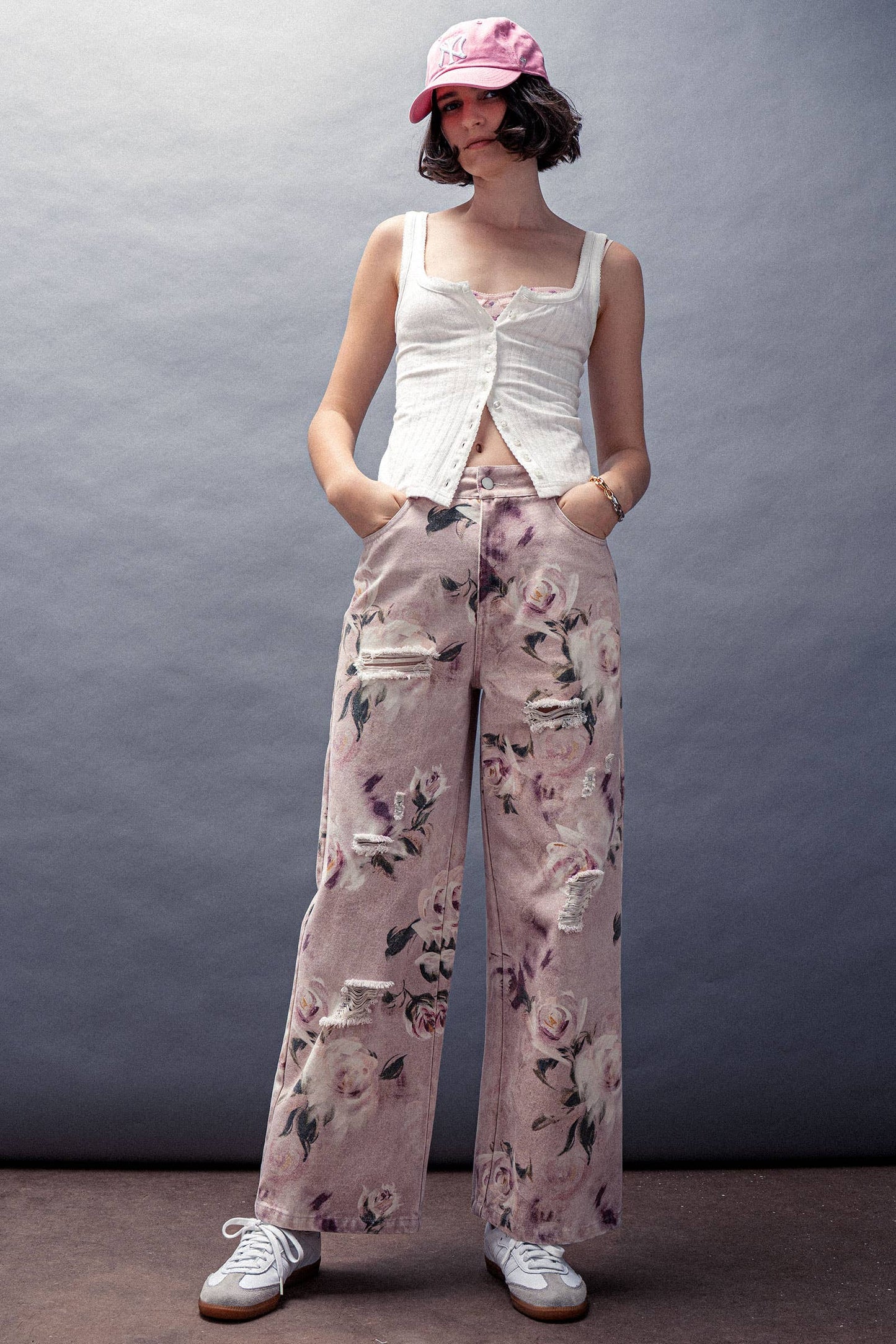 Rose Print High-Rise Denim Pants