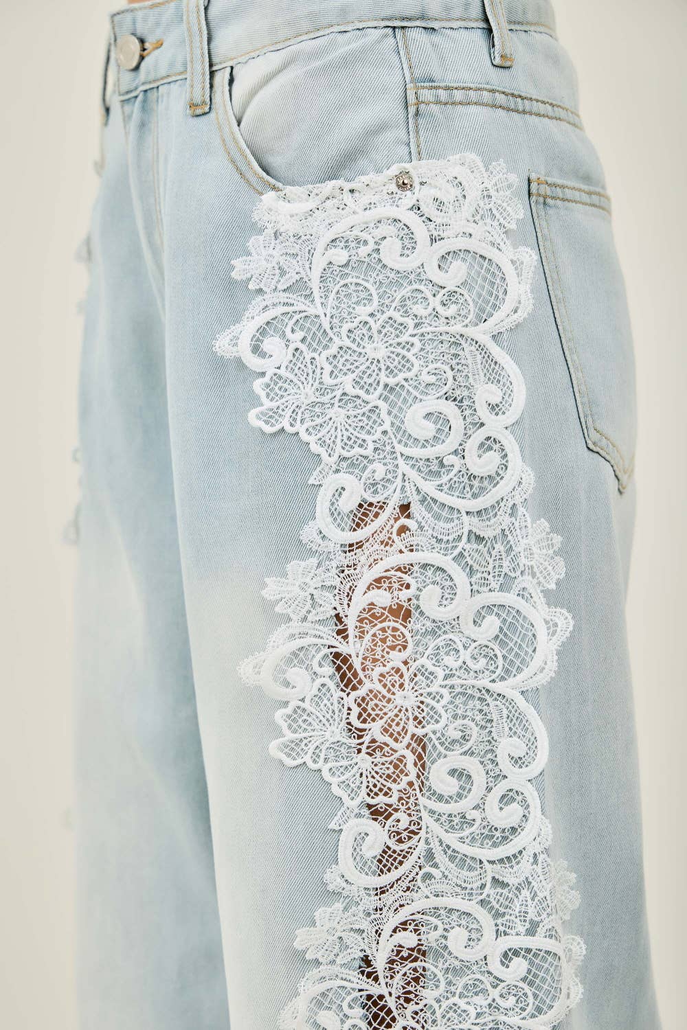 Preorder Floral Lace Side-Panel Wide-Leg Jeans | Denim/White
