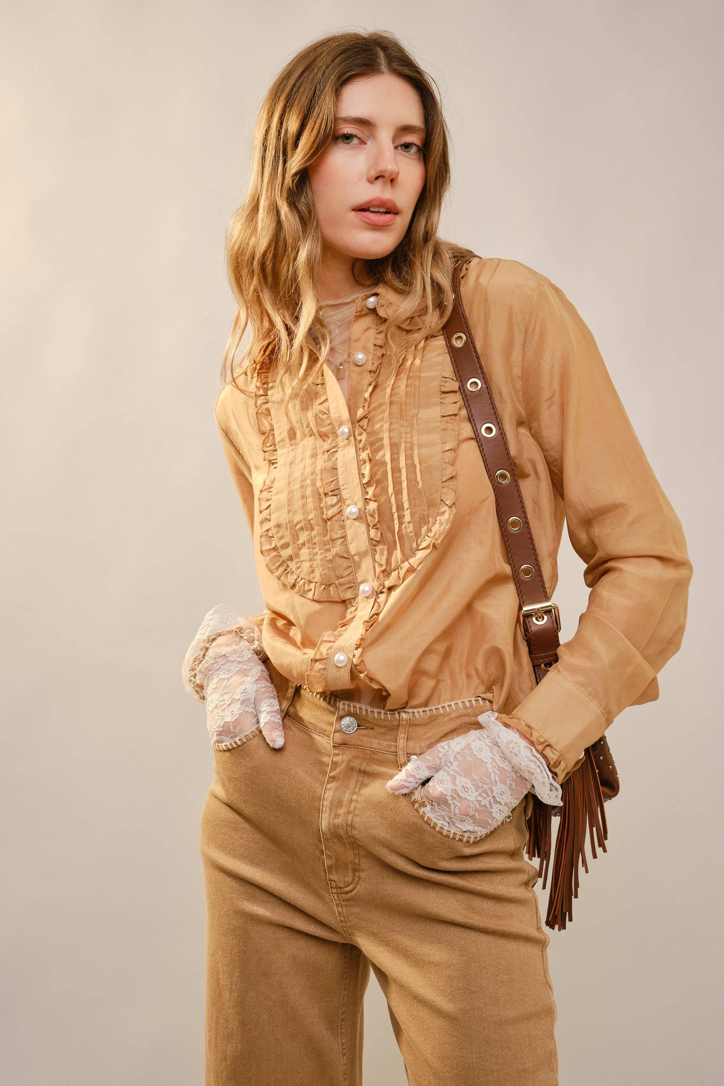 Ruffle Pleated Pearl Button Blouse