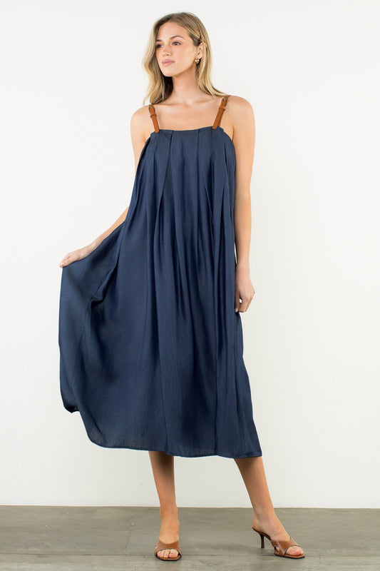 Denim Midi/Faux Leather Straps Dress