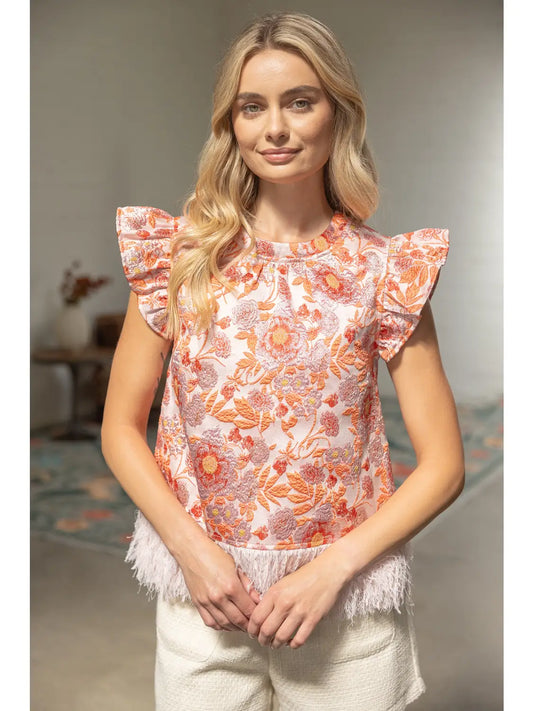 Ostrich Feather Floral Jacquard Top