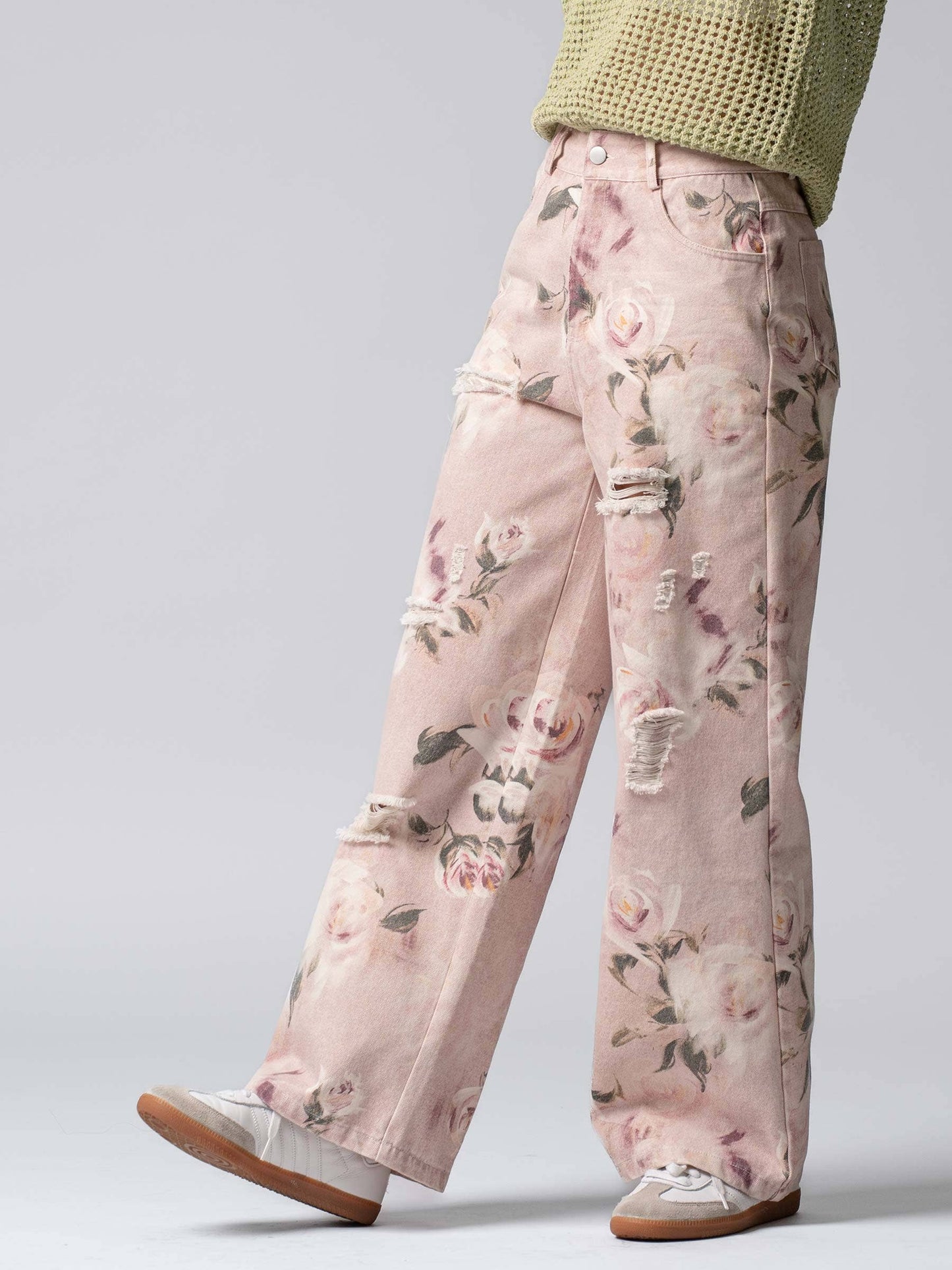 Rose Print High-Rise Denim Pants