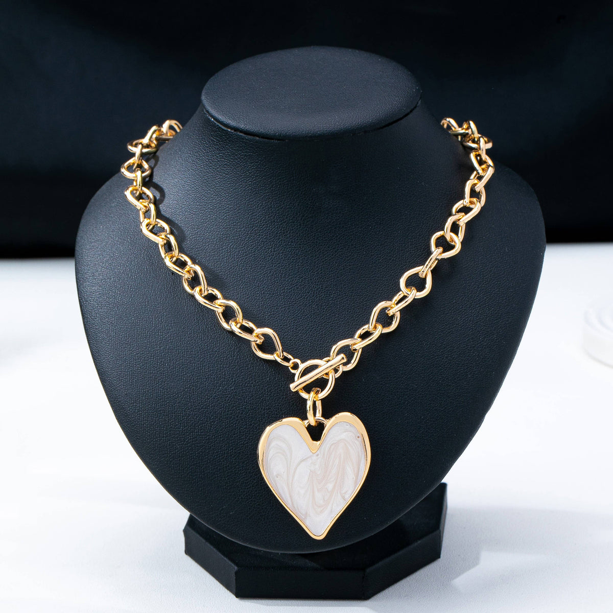 White Inlay Heart Toggle Necklace Gold