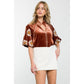 Embroidered Puff Sleeve Velvet Top: RUST