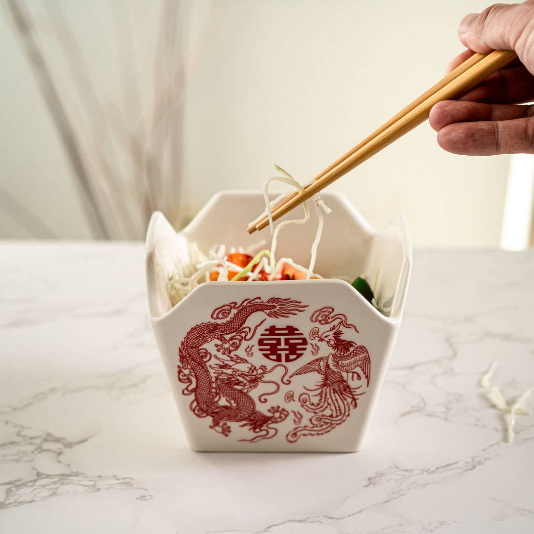 Phoenix Takeout Box Ceramic Serving Bowl with Chopsticks (16 oz)