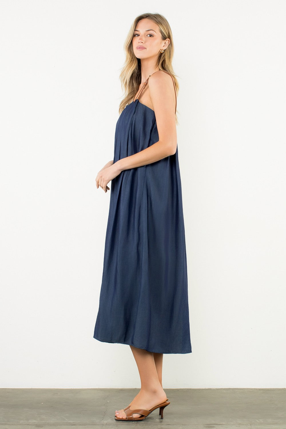 Denim Midi/Faux Leather Straps Dress