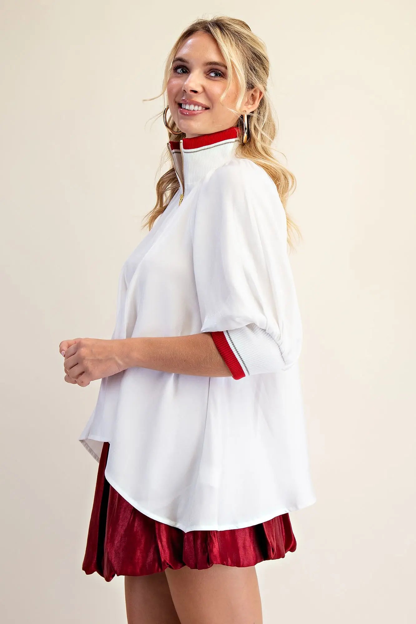 Mock Neck Banded Puff Sleeve Blouse