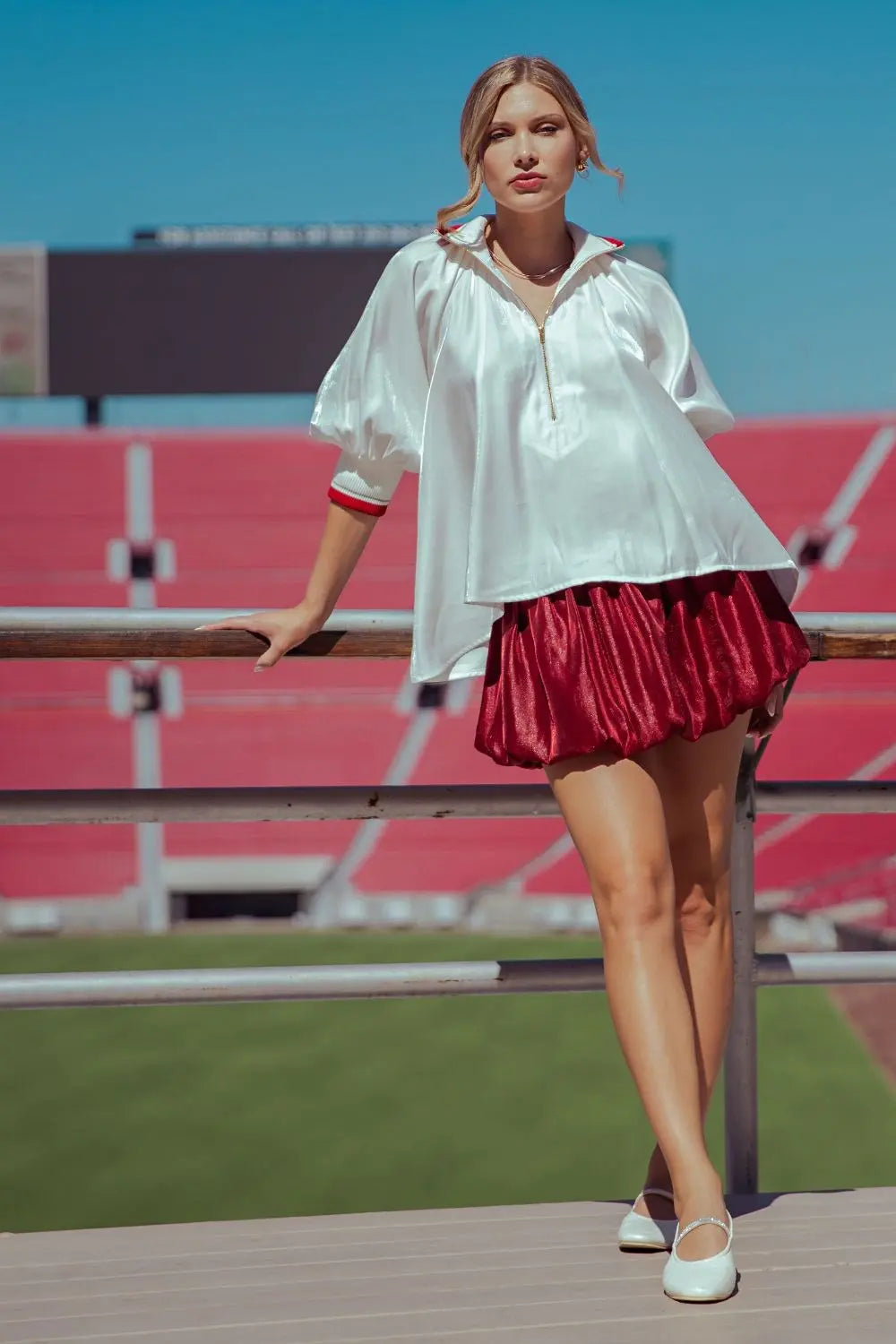 Mock Neck Banded Puff Sleeve Blouse