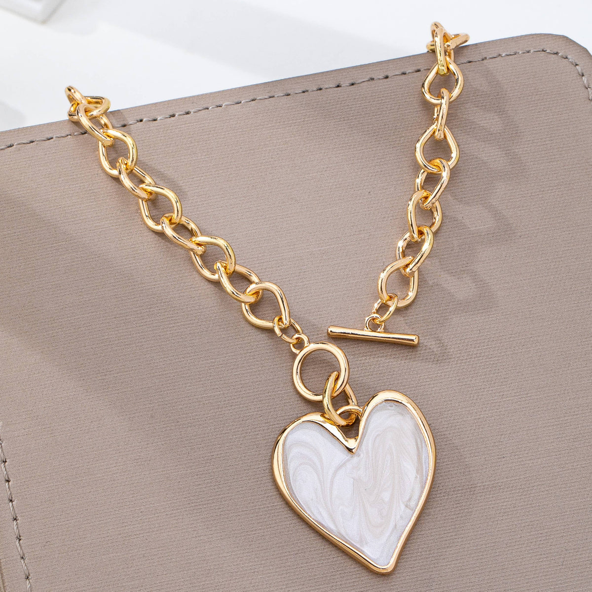 White Inlay Heart Toggle Necklace Gold