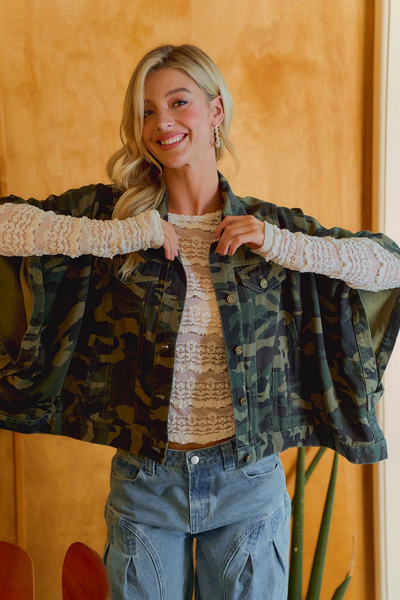 PREORDER WOMEN OVERSIZED CAPE SLEEVE DENIM TRUCKER JACKET: CAMOUFLAGE