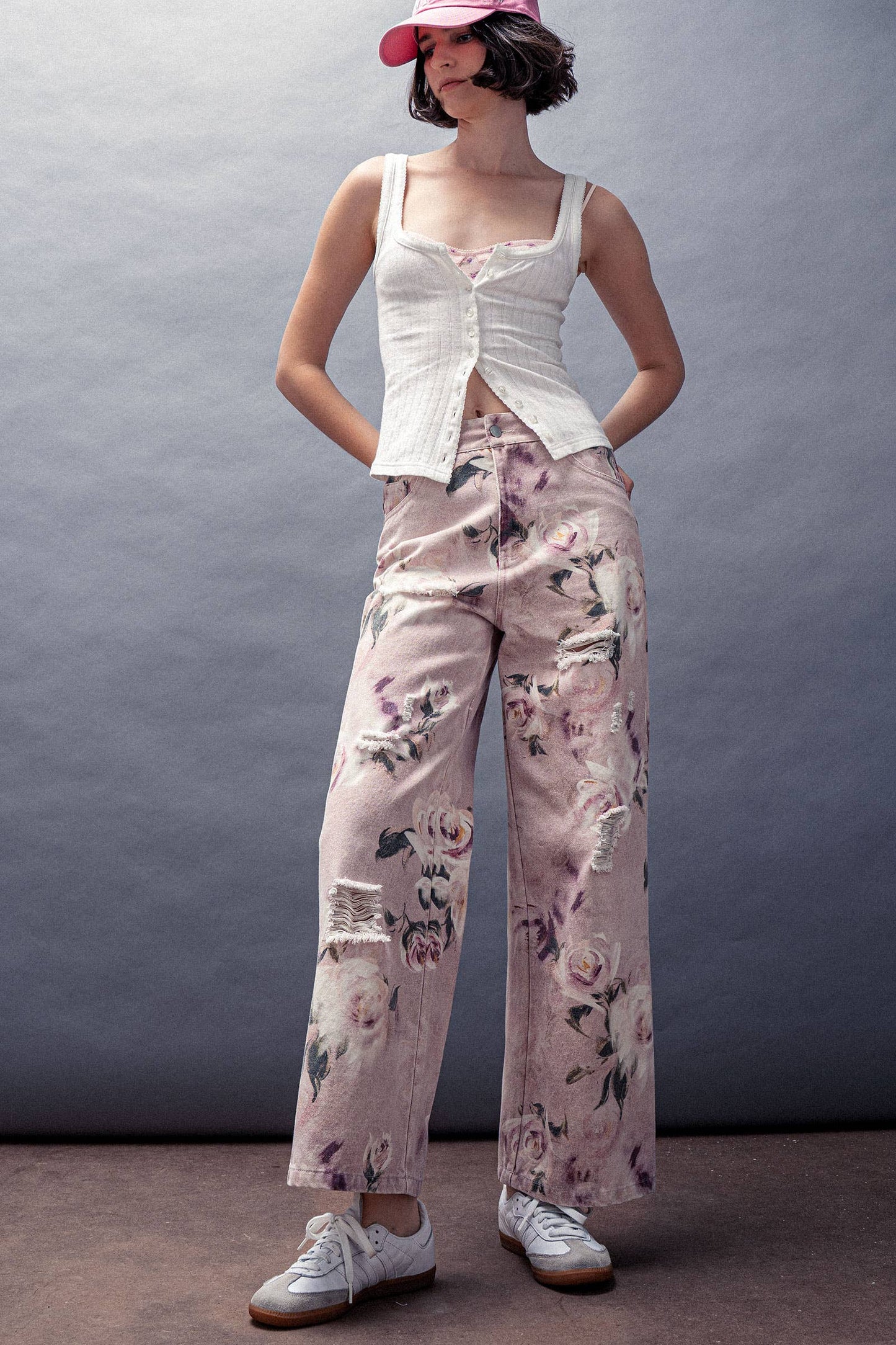 Rose Print High-Rise Denim Pants