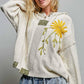 Floral Pearl Embroidered Gauze Patch Hoodie Chenille Sweater: POWDER CREAM / S