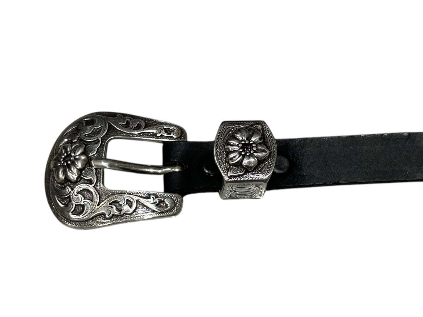 Black Leather Belt with flower buckle