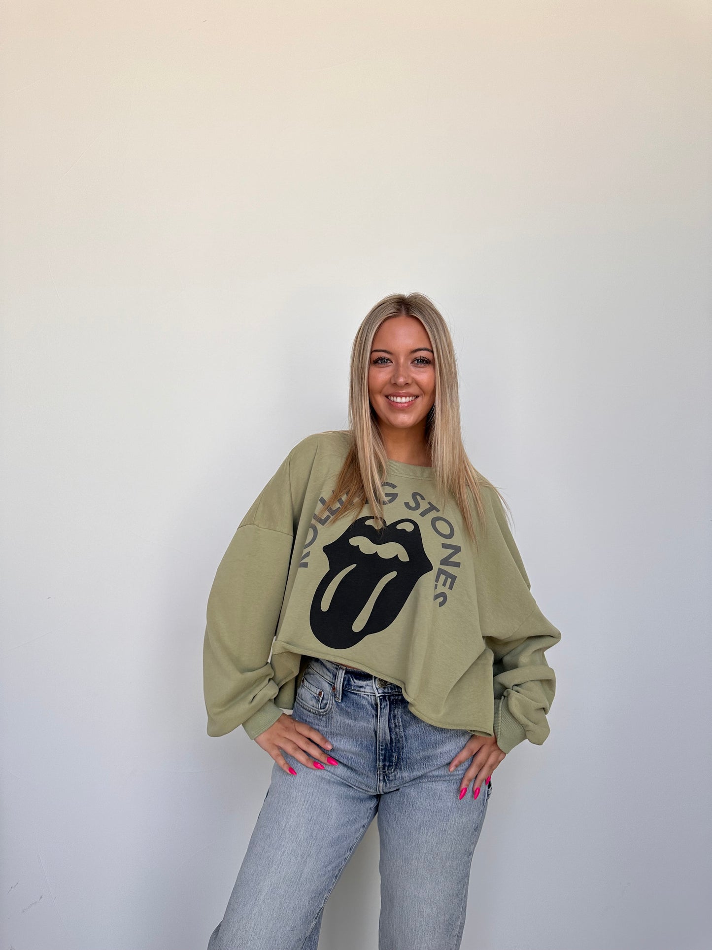 Rolling Stones Graphic Crop Sweatshirt Olive