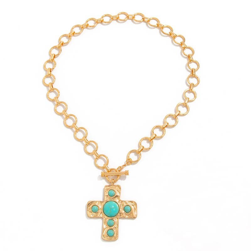 HAMMERED CROSS FRONT TOGGLE NECKLACE GOLD