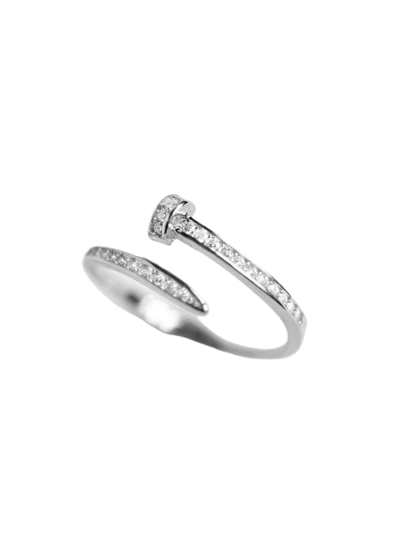 925 Silver Adjustable Spiral CZ Nail Ring: White Rhodium