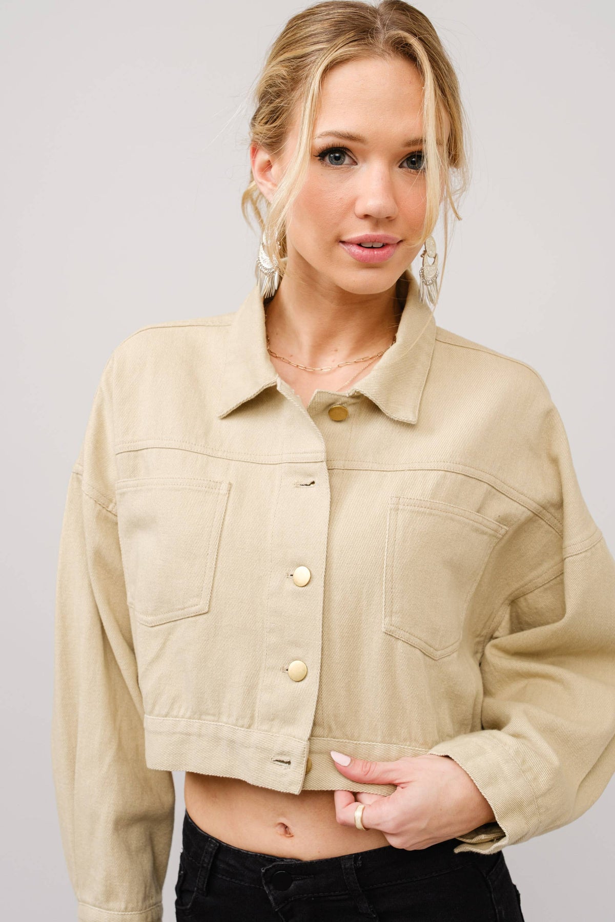 Long Live Cowgirls Patch Twill Denim Jacket: TAUPE