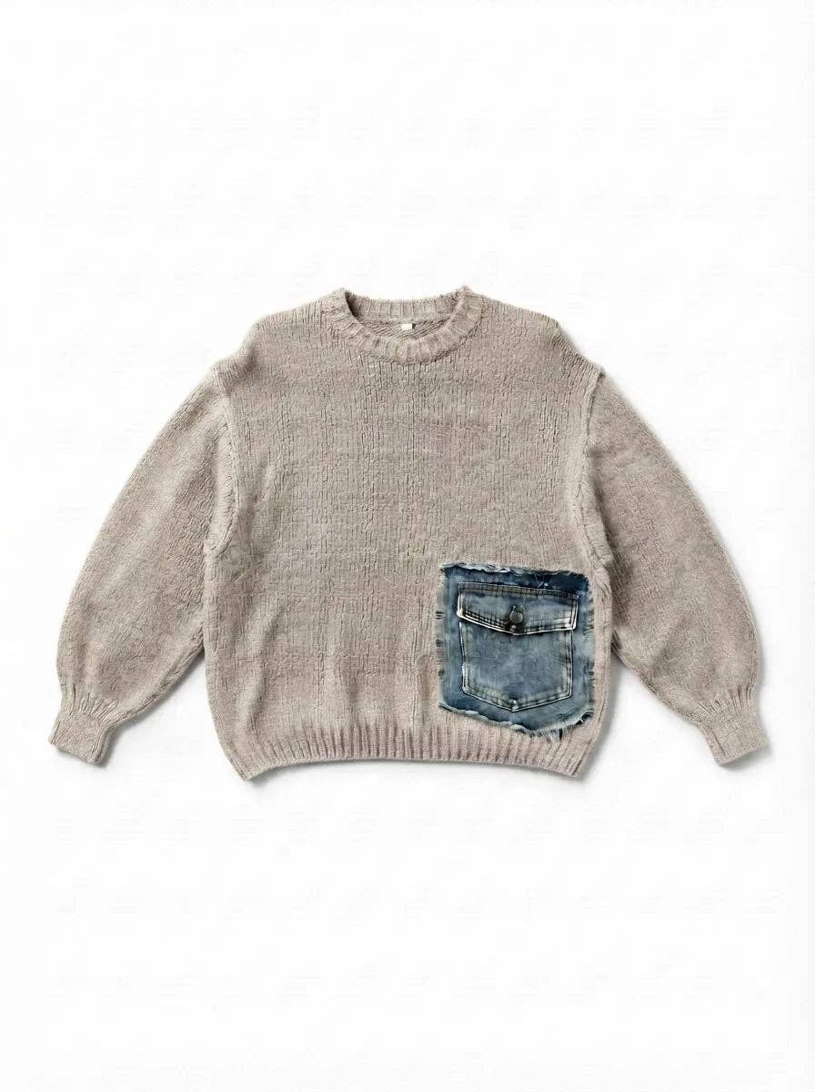 Taupe Mohair Denim-Pocket Sweater