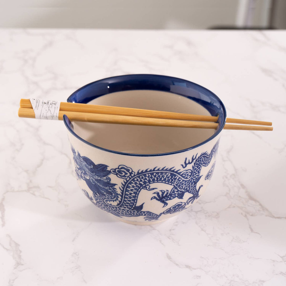 Blue Dragon Hand-Painted Bowl with Chopsticks (18 oz)