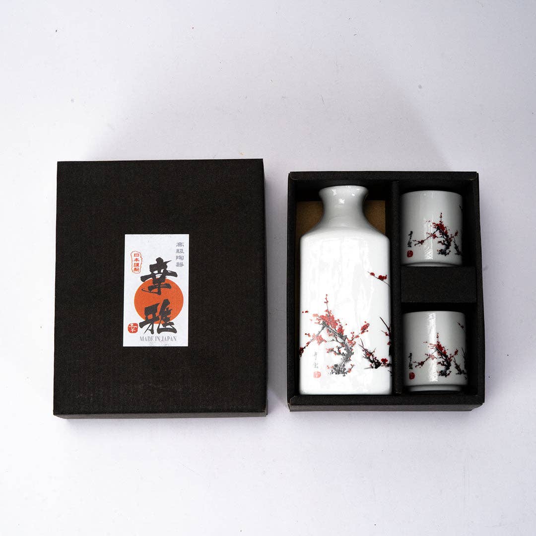 Cherry Blossom Porcelain Sake Gift Set with Bottle and 2 Cups