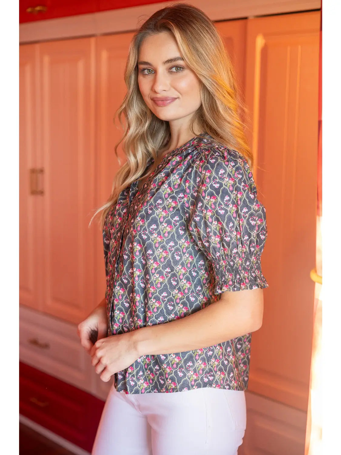 Smocked Short Puff Sleeve Floral Top
