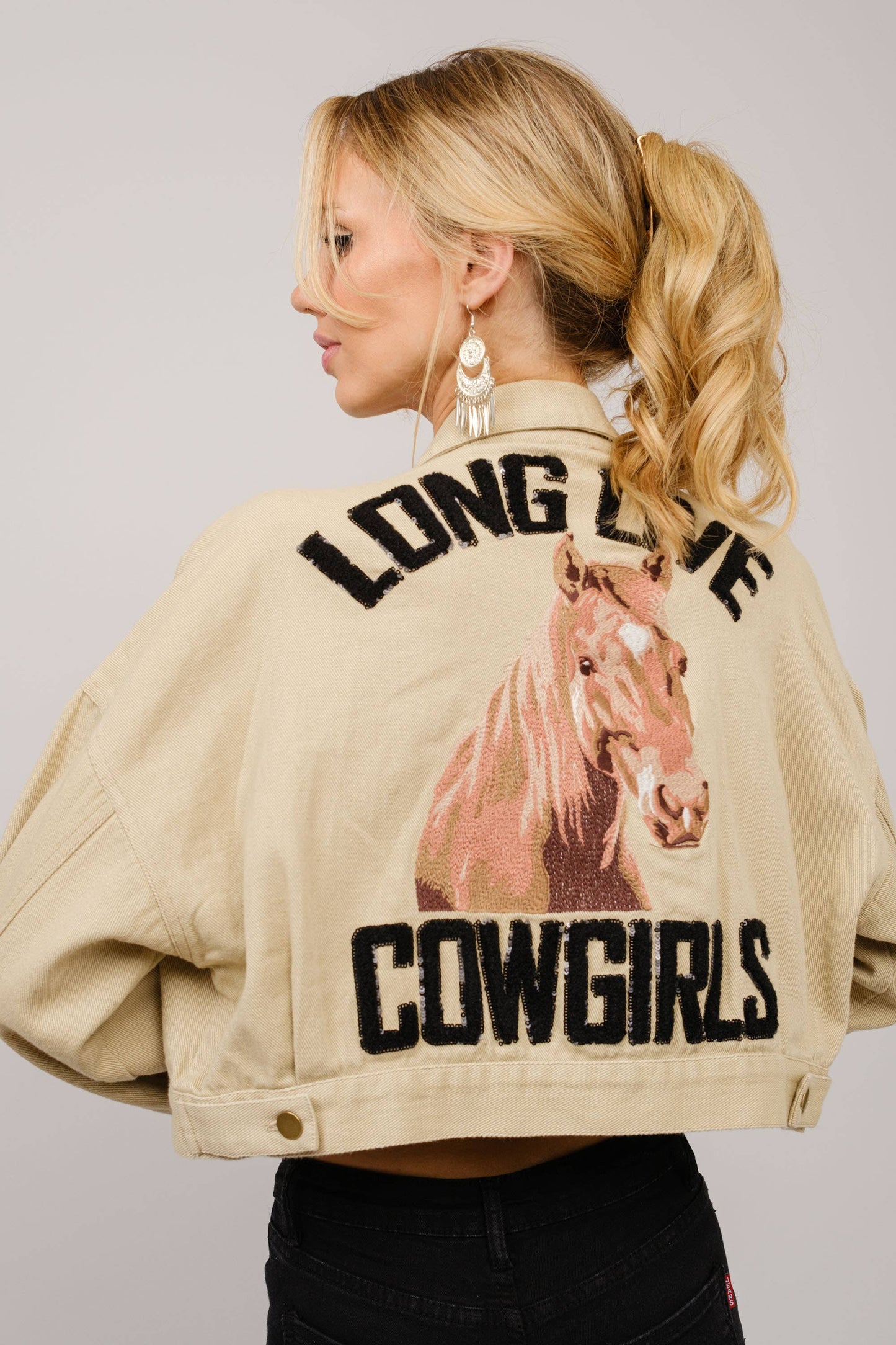 Long Live Cowgirls Patch Twill Denim Jacket: TAUPE
