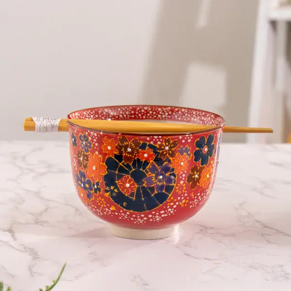 Floral Design 18oz 5.25"D Bowl With Chopsticks Set