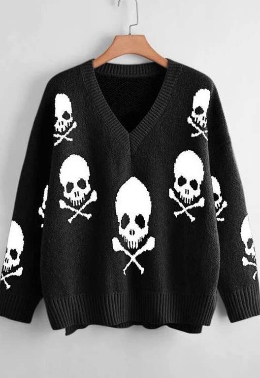 Halloween V-Neck Skull Pullover Sweater