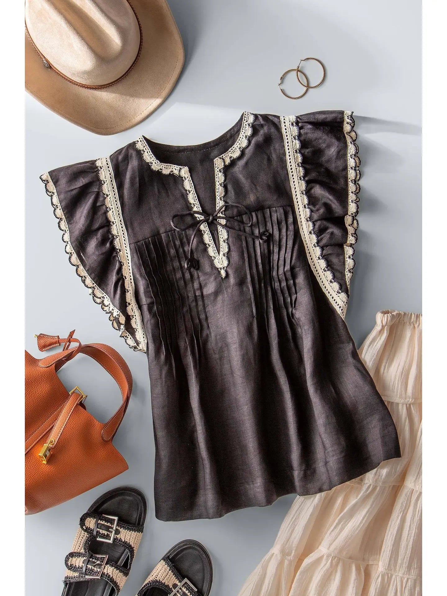 Lace Trim Pintuck Flutter Sleeve Blouse