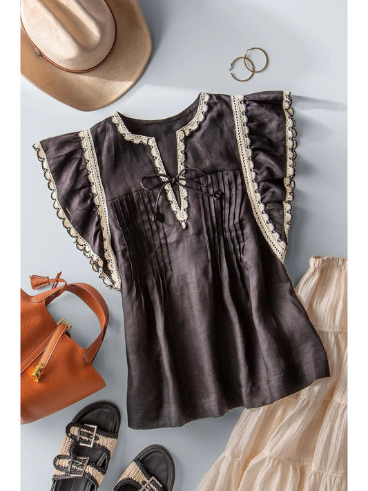 Lace Trim Pintuck Flutter Sleeve Blouse