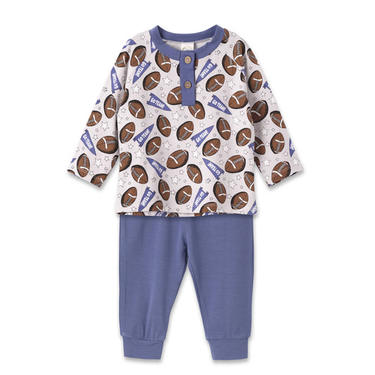 Baby Boy Football Outfit – Bamboo Henley Shirt & Pants Set: 9-12M