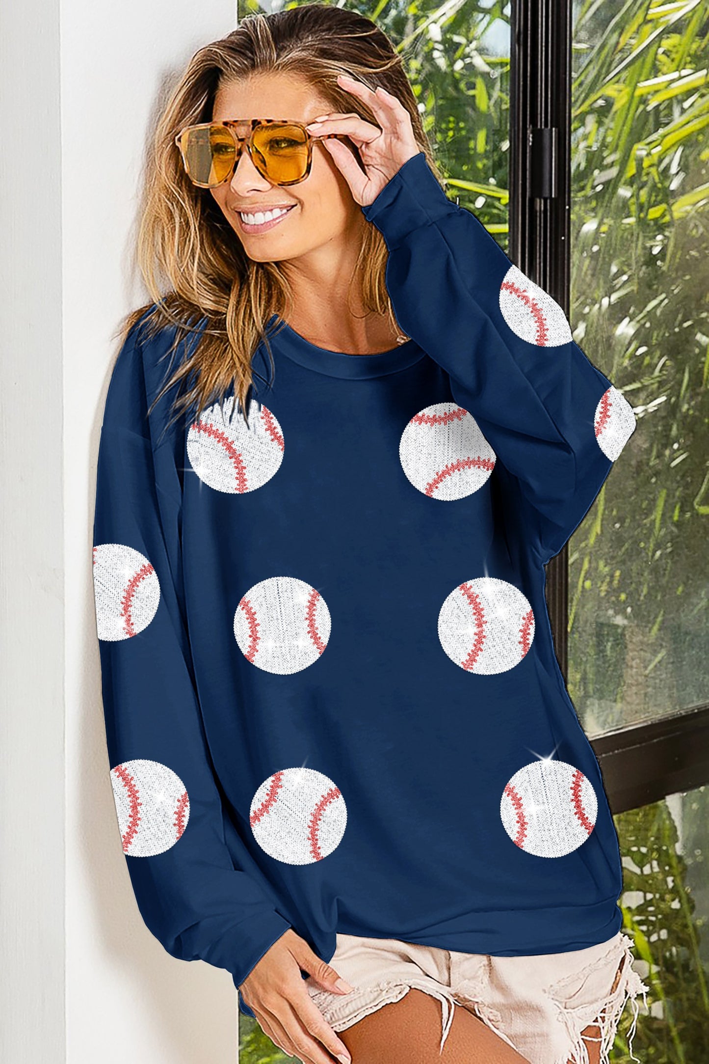 Sequined Baseball Sweatshirt Navy