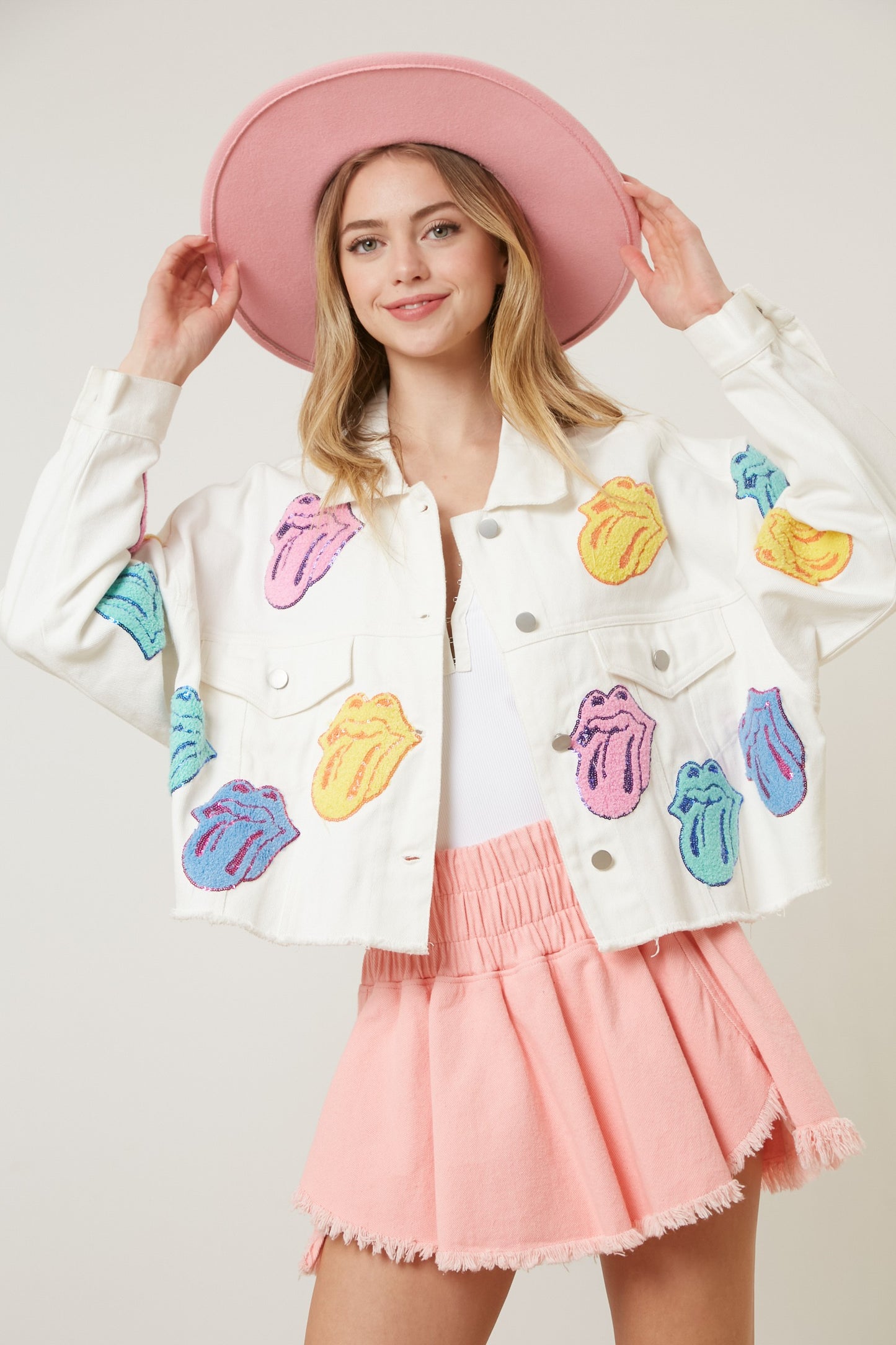 Rolling Stones Sequin Tongues Denim Crop Jacket