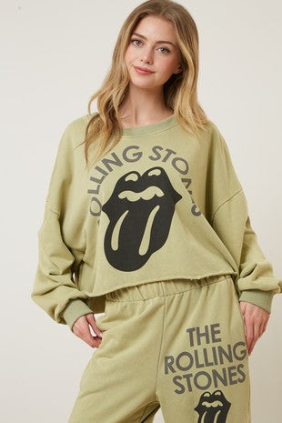 Rolling Stones Graphic Crop Sweatshirt Olive