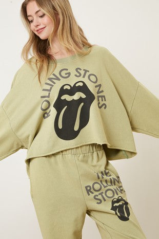 Rolling Stones Graphic Crop Sweatshirt Olive