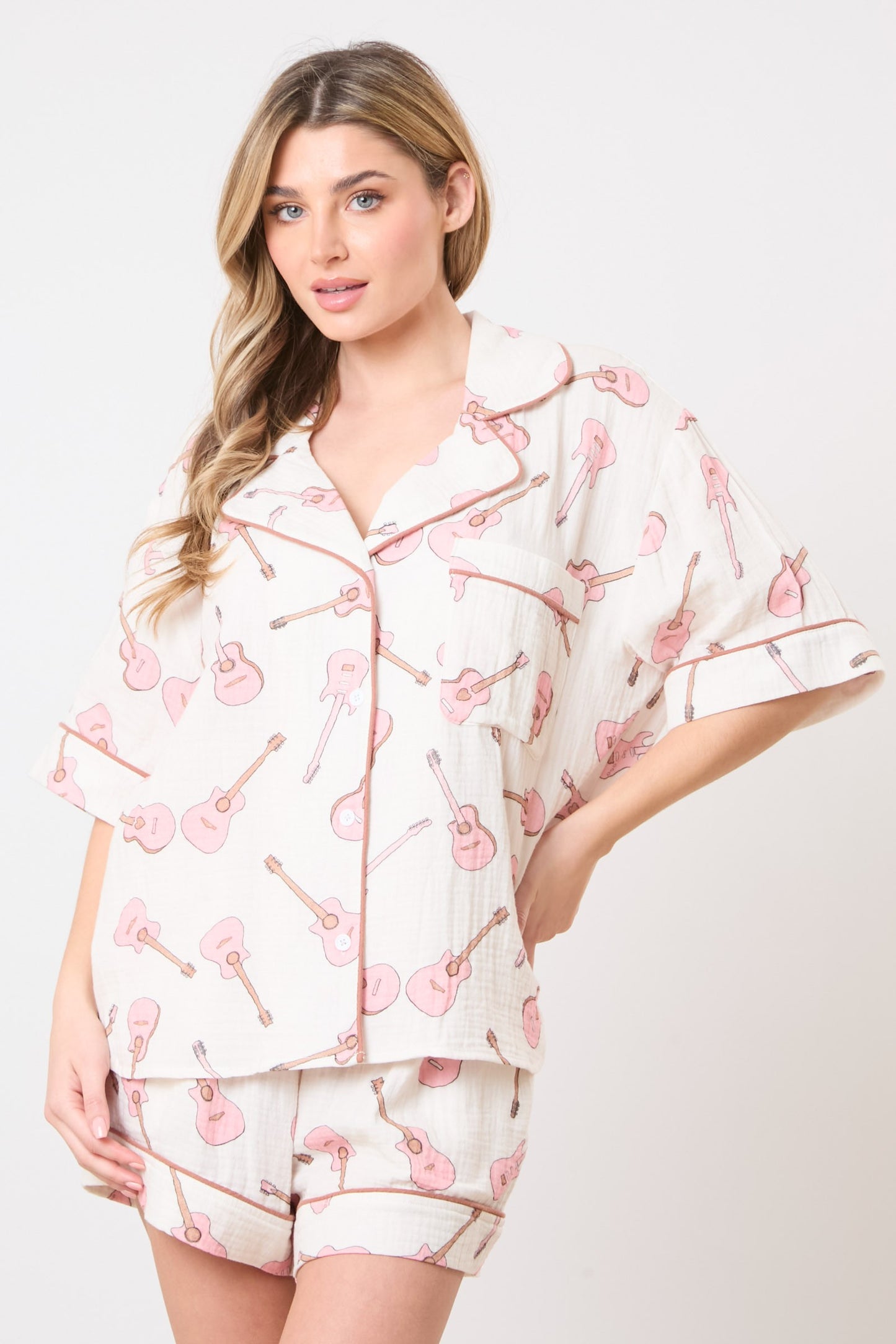 Gauze Guitar Printed Pajama Set