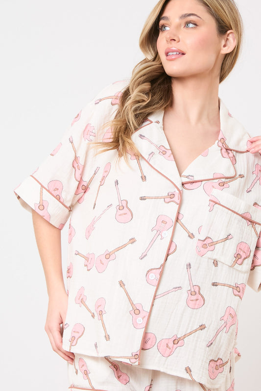 Gauze Guitar Printed Pajama Set