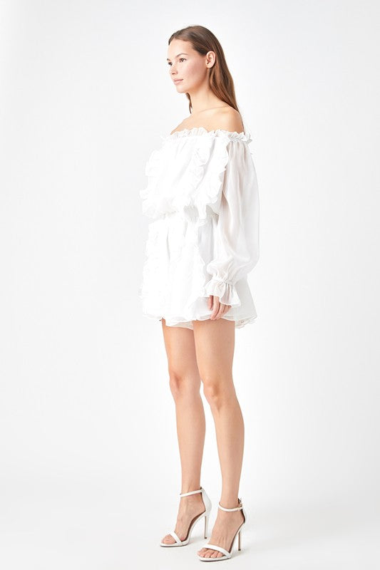 Off Shoulder Ruffle Jacket Off the shoulder ruffled romper – Nikko Blu Boutique