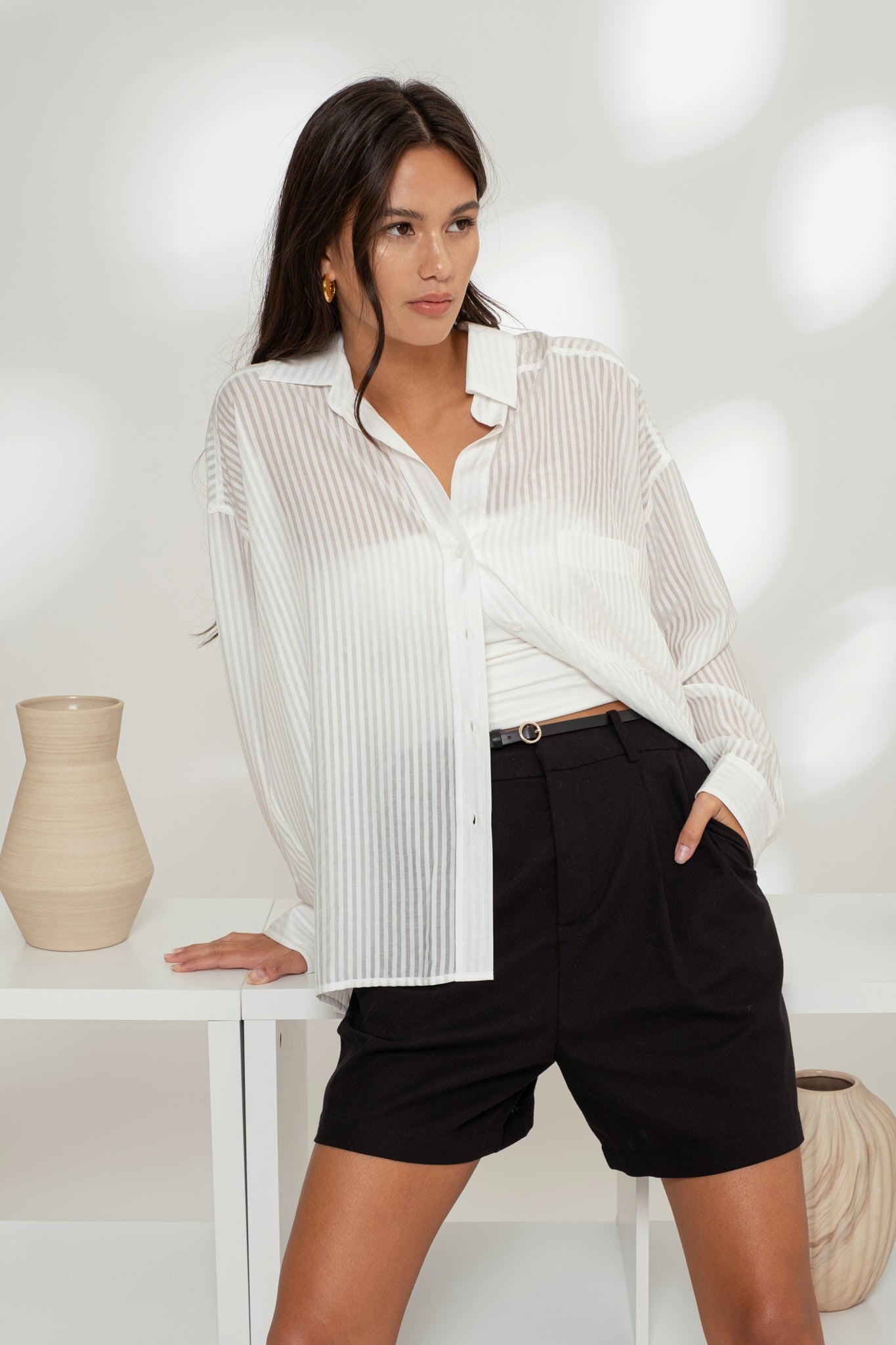 STRIPE SHEER OVERSIZED COLLARED BUTTON DOWN SHIRT