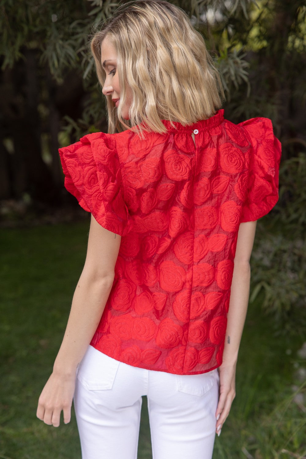 Red Floral Ruffle Sleeve Top