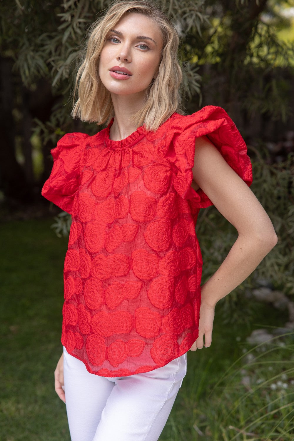 Red Floral Ruffle Sleeve Top