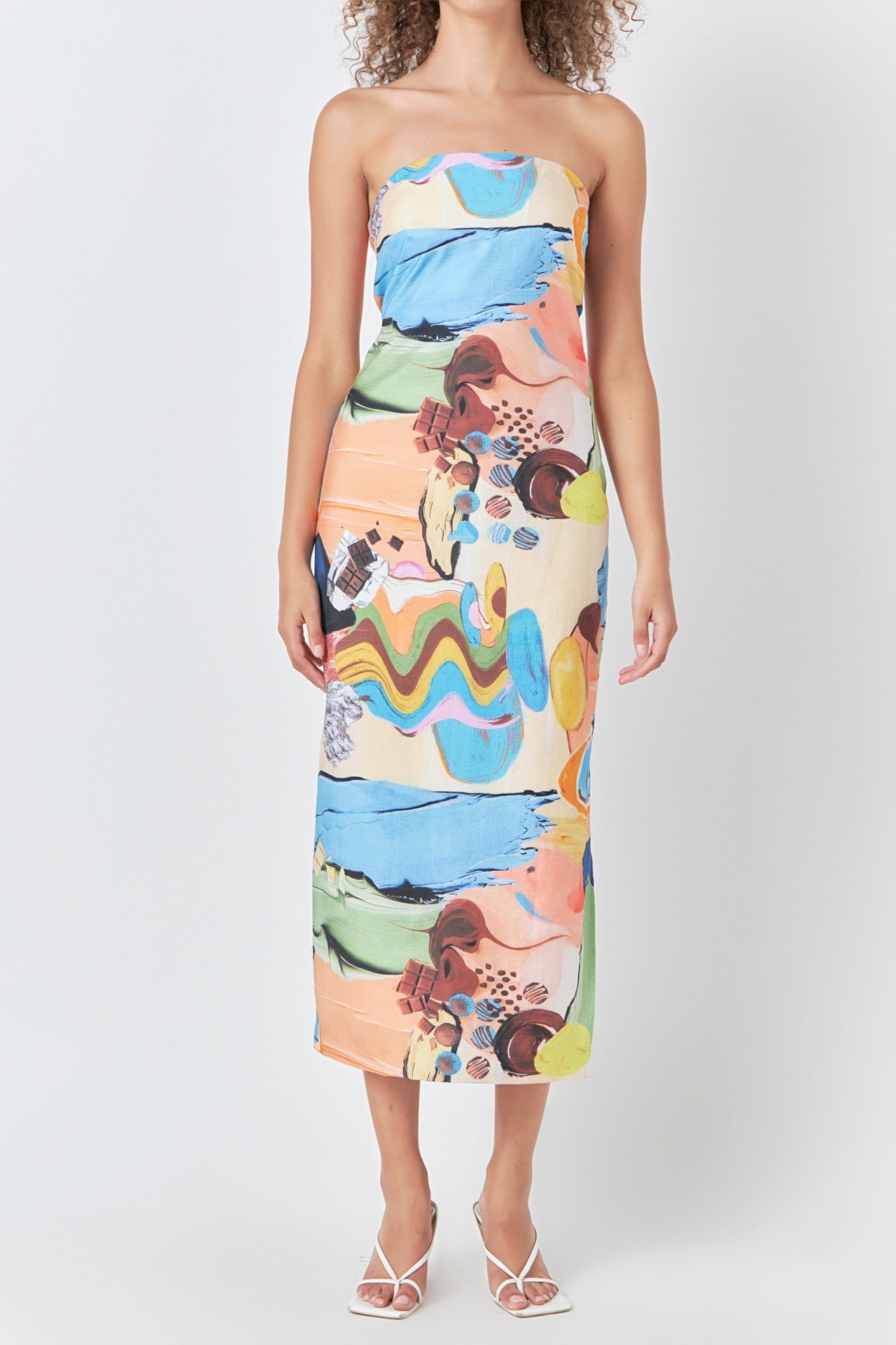 Abstract Print Strapless Midi