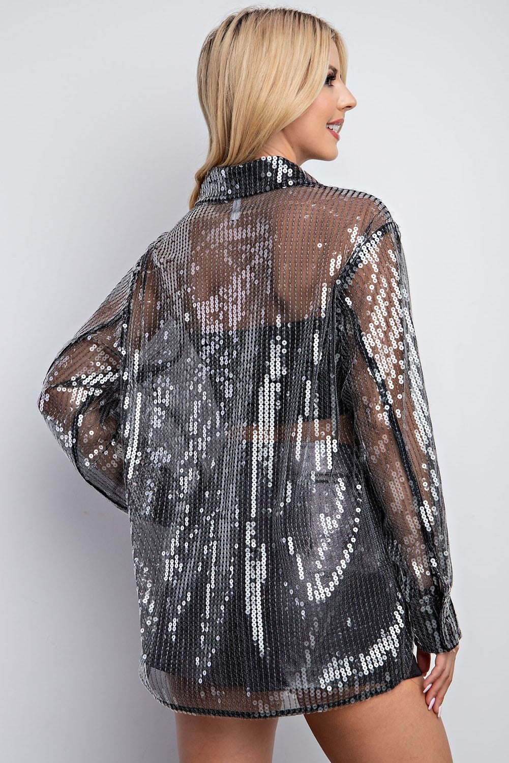 Sheer Sequin Button Down