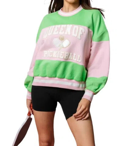 Queen of Sparkles Green and Pink Stripe Pickleball Sweatshirt