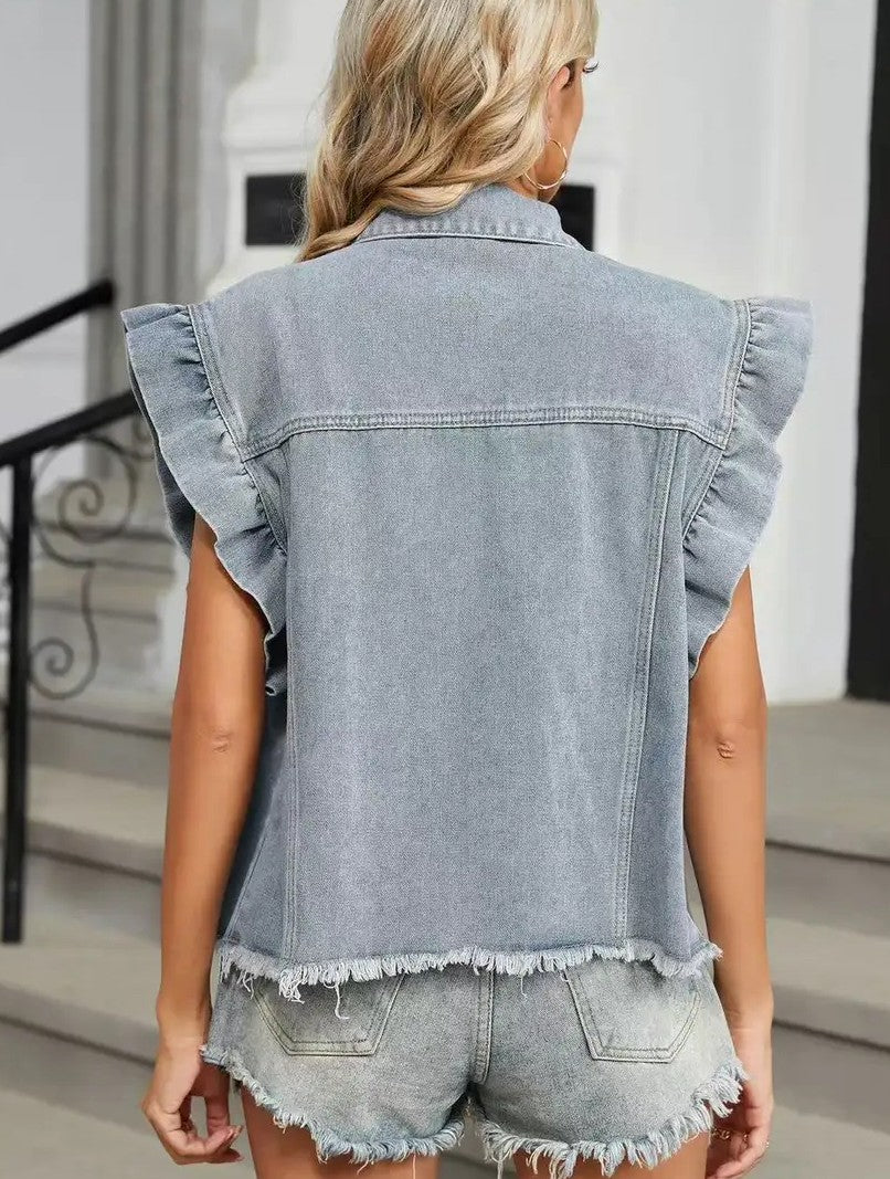 Grey Ruffle Denim Vest