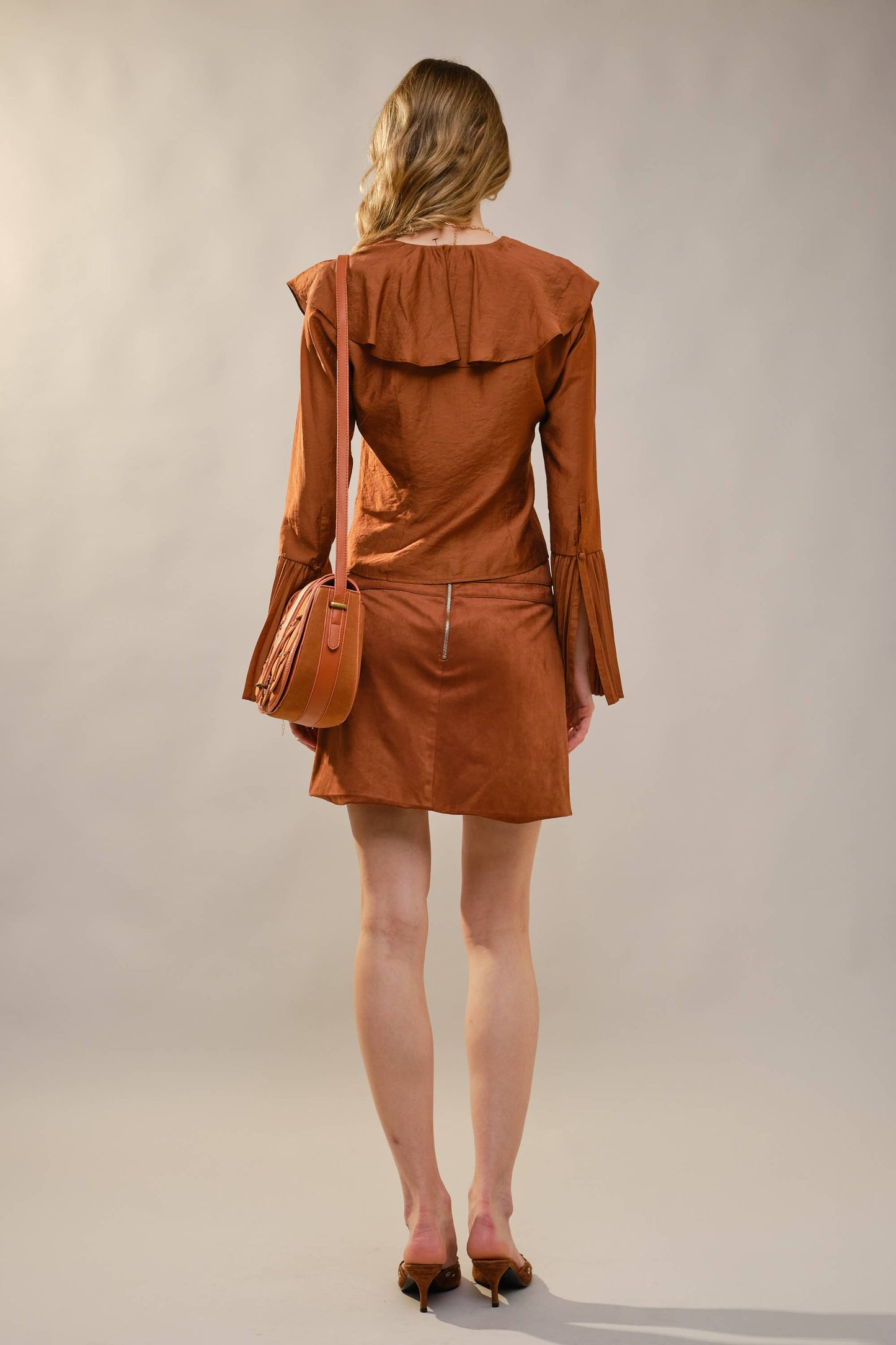 Khaki Pleated Ruffle Detail Blouse