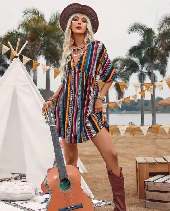 Striped V Neck Mini Dress